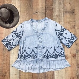 Cato | Embroidered Denim Plum Short Sleeve